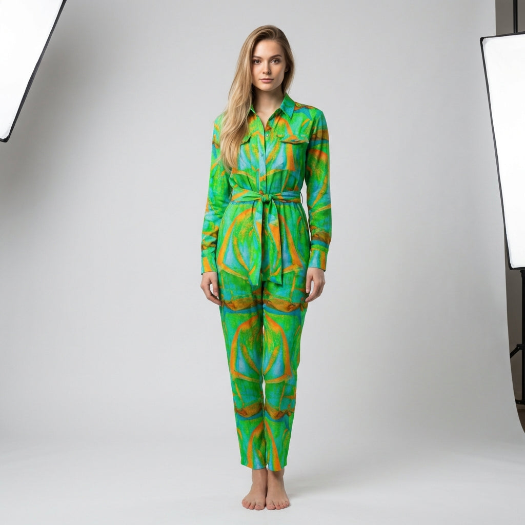 Lightweight Button Front Jumpsuit Palm Tree Island