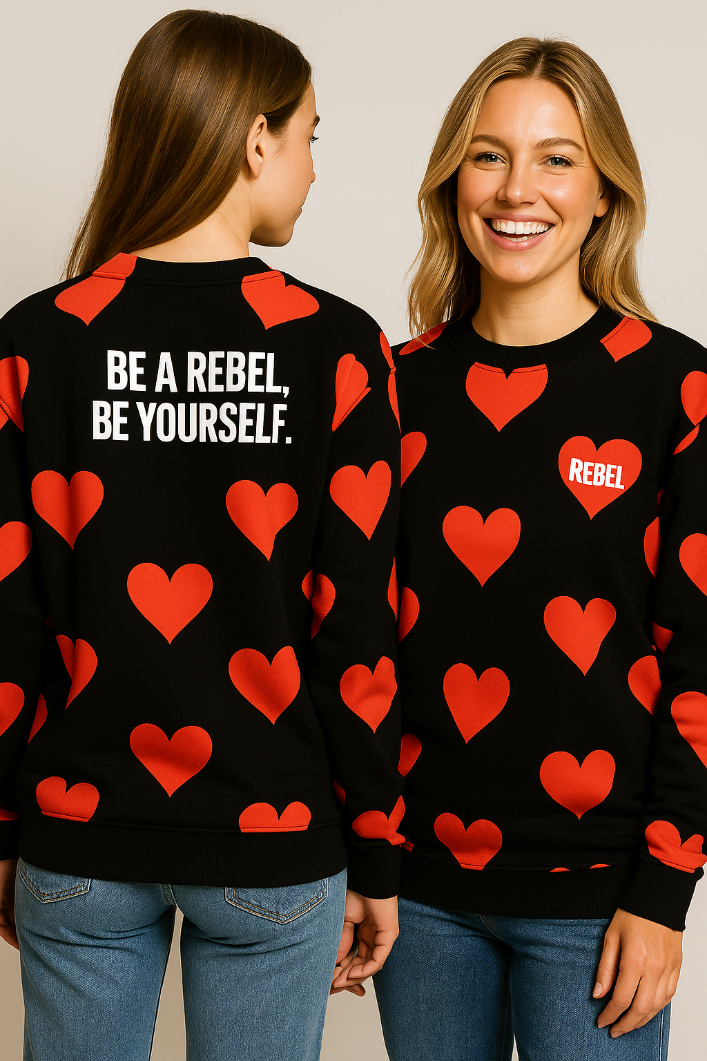 Crew Neck Sweatshirt with Inset V – Red Hearts Print