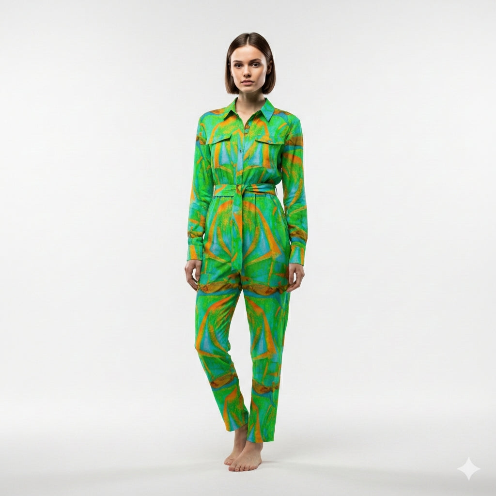 Lightweight Button Front Jumpsuit Palm Tree Island