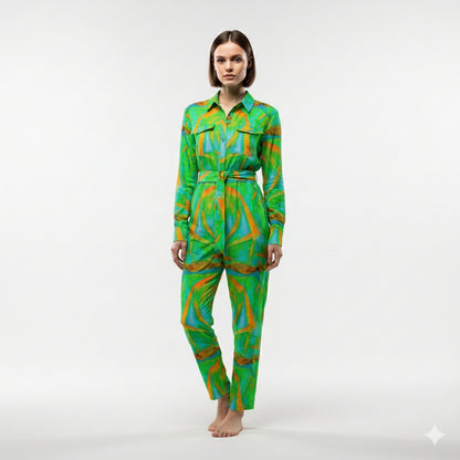 Lightweight Button Front Jumpsuit Palm Tree Island