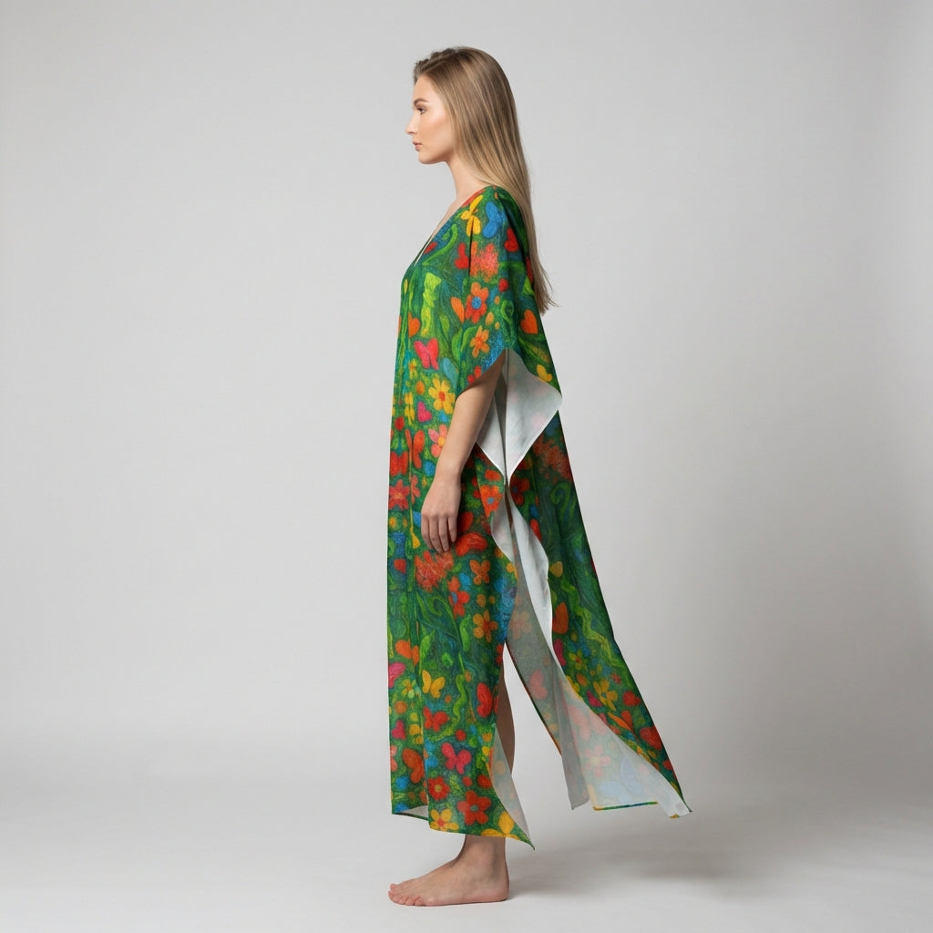Caftan Butterfly Flowers in Lightweight Organic Cotton Voile