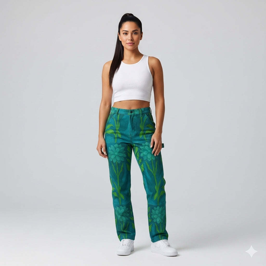 Carpenter Pants Teal Flowers