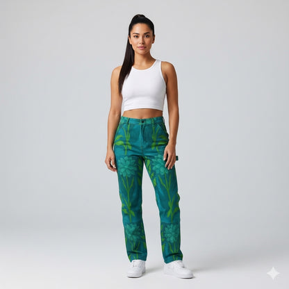 Carpenter Pants Teal Flowers