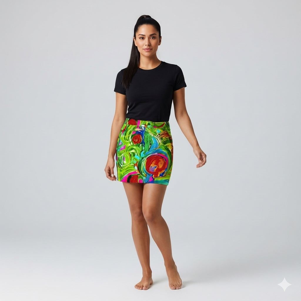 Denim Mini Skirt in Abstract Watercolor Print