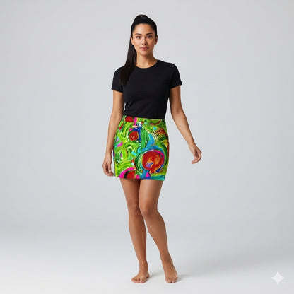 Denim Mini Skirt in Abstract Watercolor Print