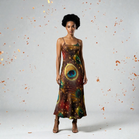 Bias Slip Dress Golden Peacock Feather