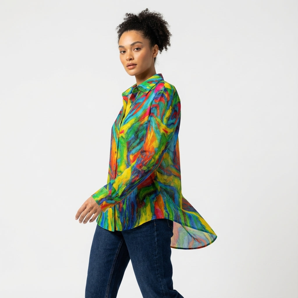 Women's Button Front Shirt in Organic Cotton Voile Green Jungle