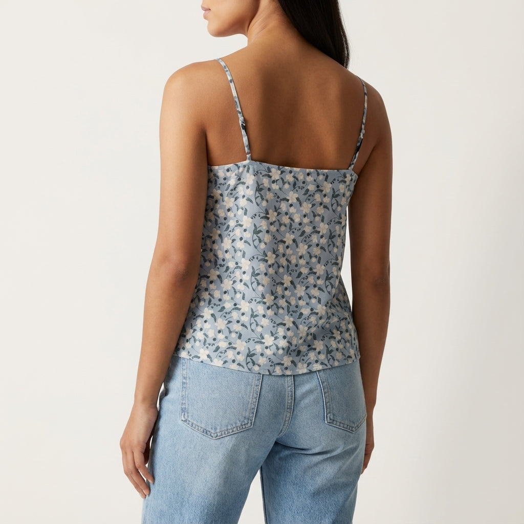 Delicate Cotton Cami with Orchids in Dusty Blue Background