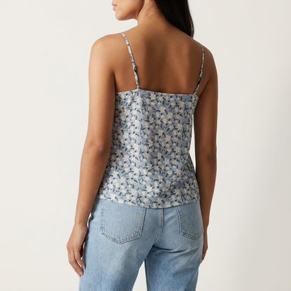 Delicate Cotton Cami with Orchids in Dusty Blue Background