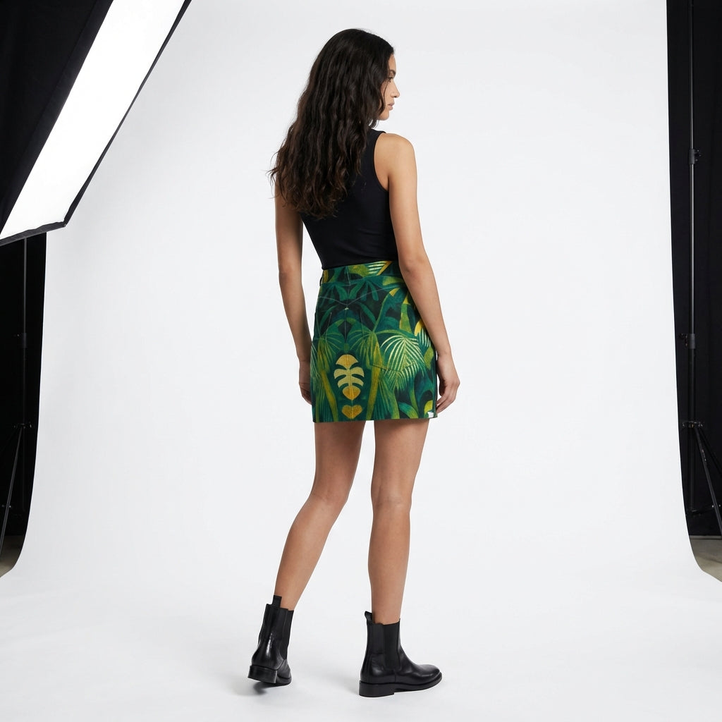Denim Mini Skirt Green Leaves
