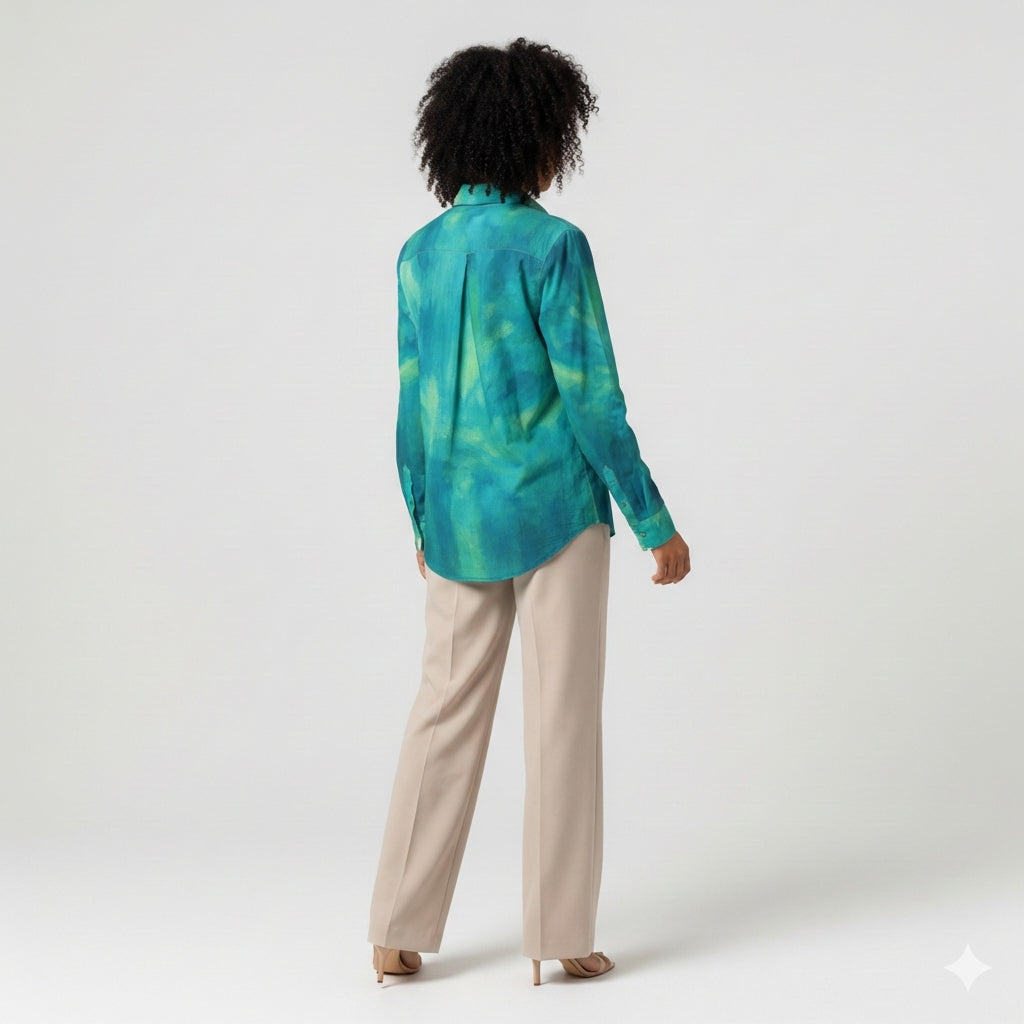 Button Front Shirt Turquoise Watercolors