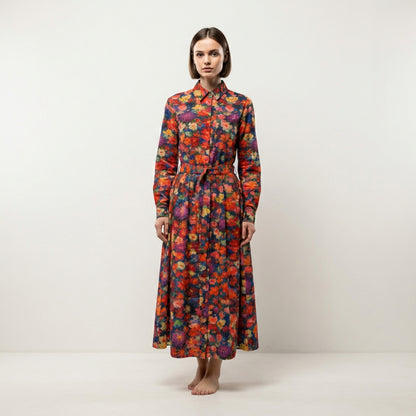 Button Front Shirt Dress Red Flower Bed