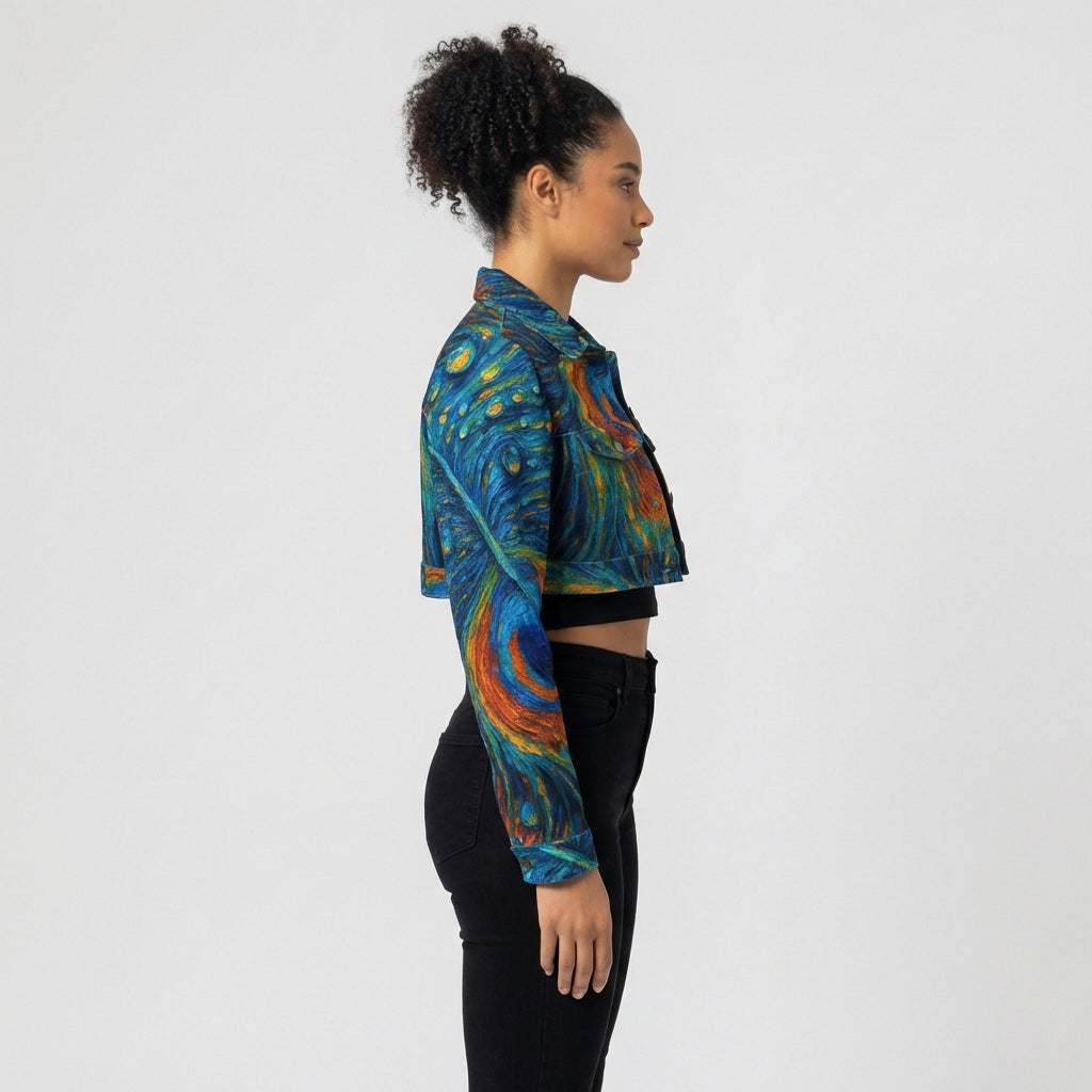 Cropped Jean Cotton Jacket Orange Peacock Feather