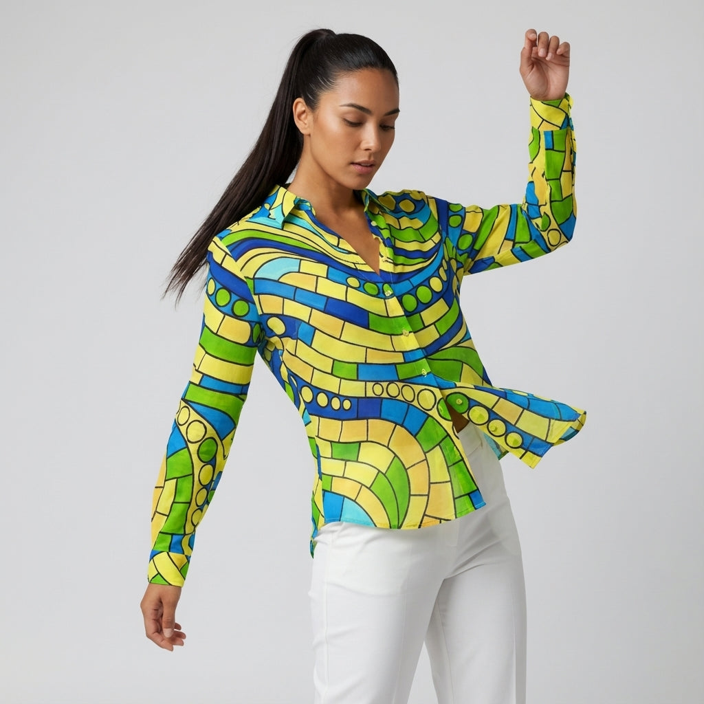 Women's Button Front Shirt Mosaic 4 – Organic Cotton Voile