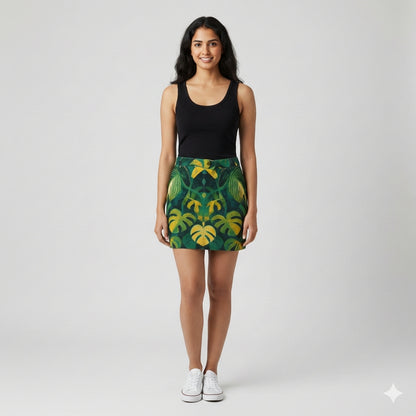 Denim Mini Skirt Green Leaves