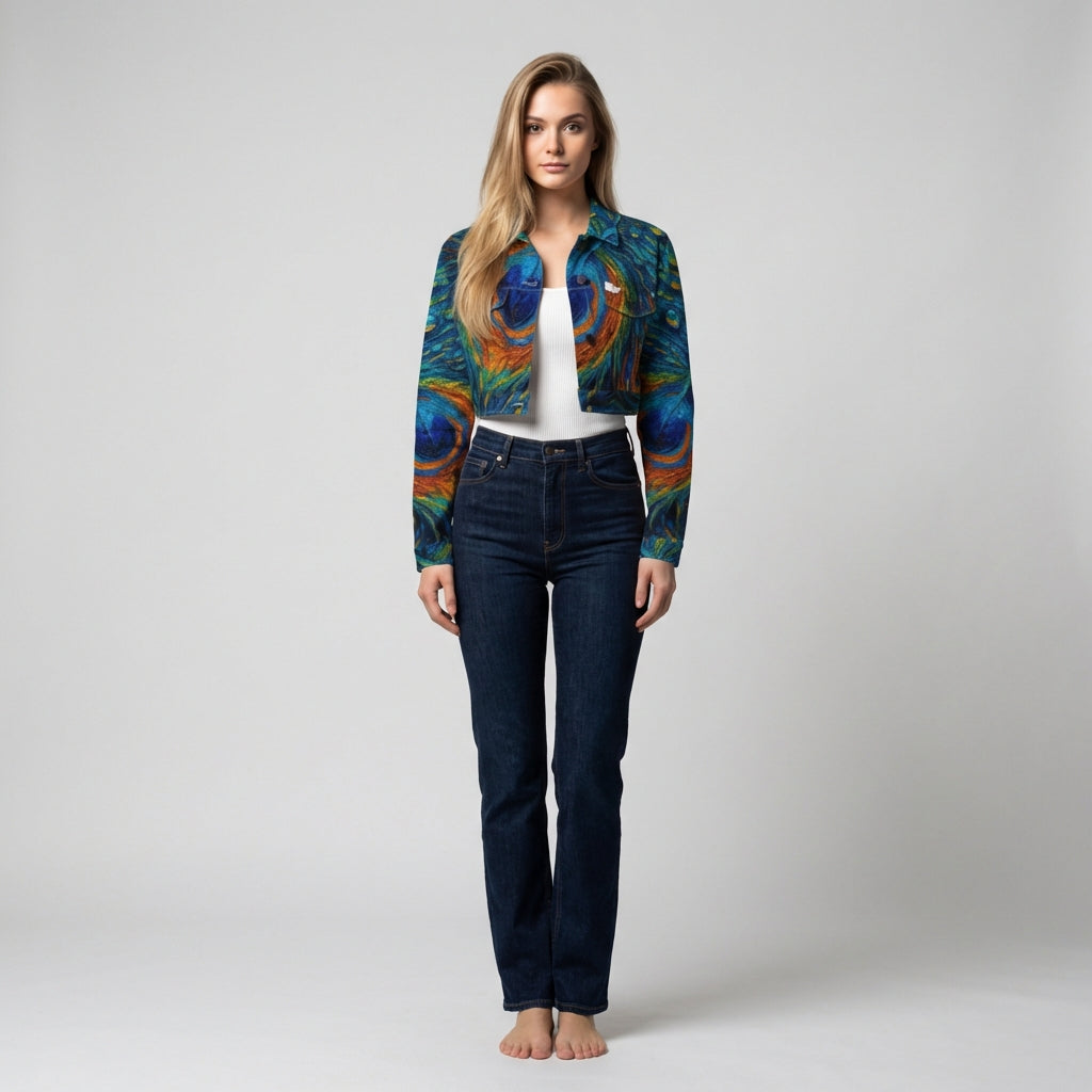 Cropped Jean Cotton Jacket Orange Peacock Feather