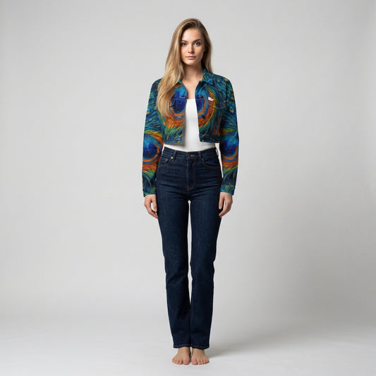 Cropped Jean Cotton Jacket Orange Peacock Feather