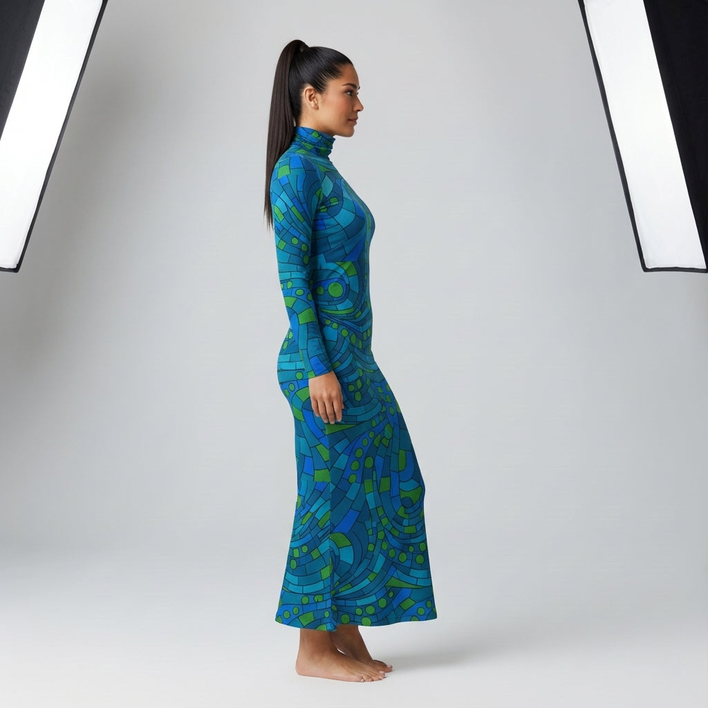 Sarong Maxi Turtleneck Body Con Dress Mosaic 11