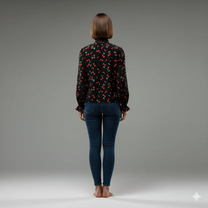 Women's Cherry Print Tied Neck Blouse