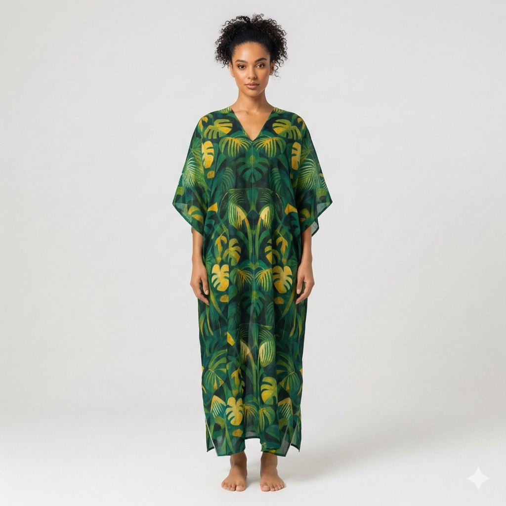Caftan Green Leaves – Lightweight Organic Cotton Voile