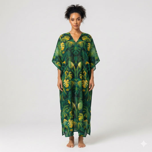 Caftan Green Leaves – Lightweight Organic Cotton Voile