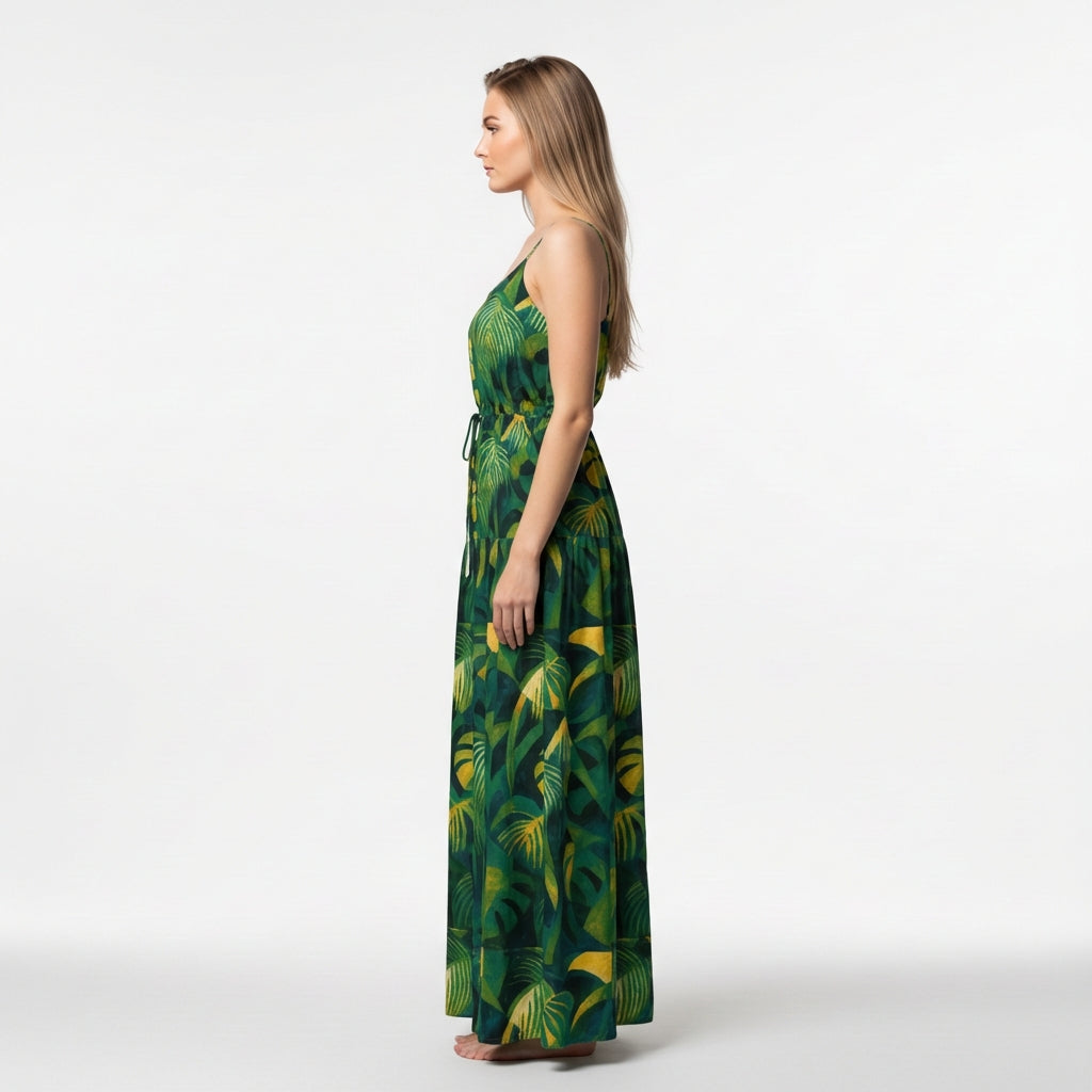 Maxi Dress with Waist Tie Green Leaves