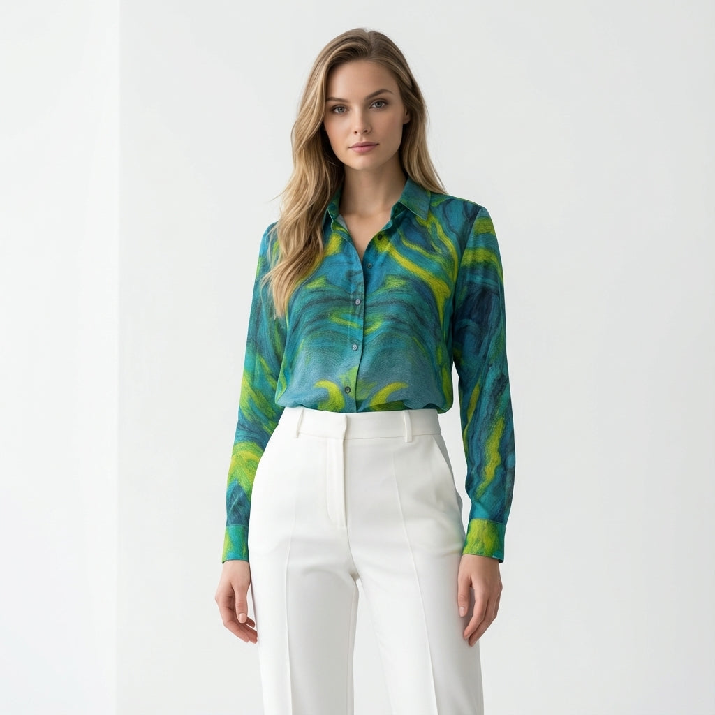 Women's Button Front Shirt Blue Jungle