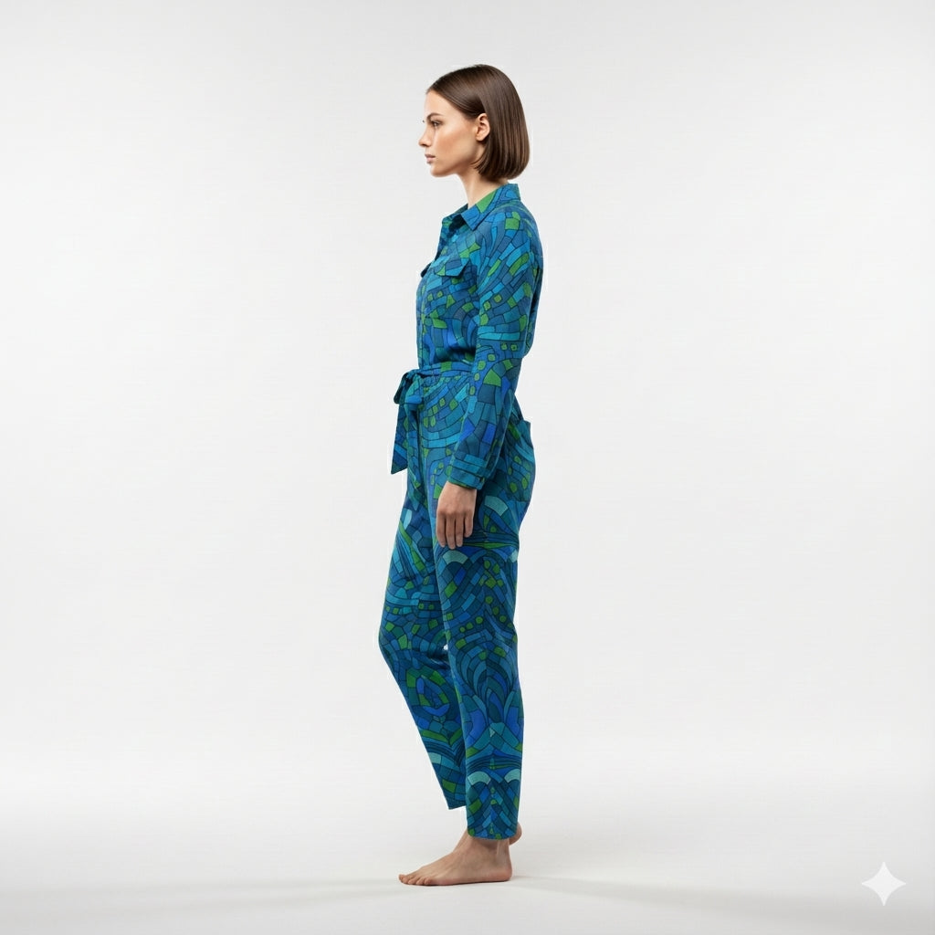 Lightweight Button Front Jumpsuit Mosaic 10