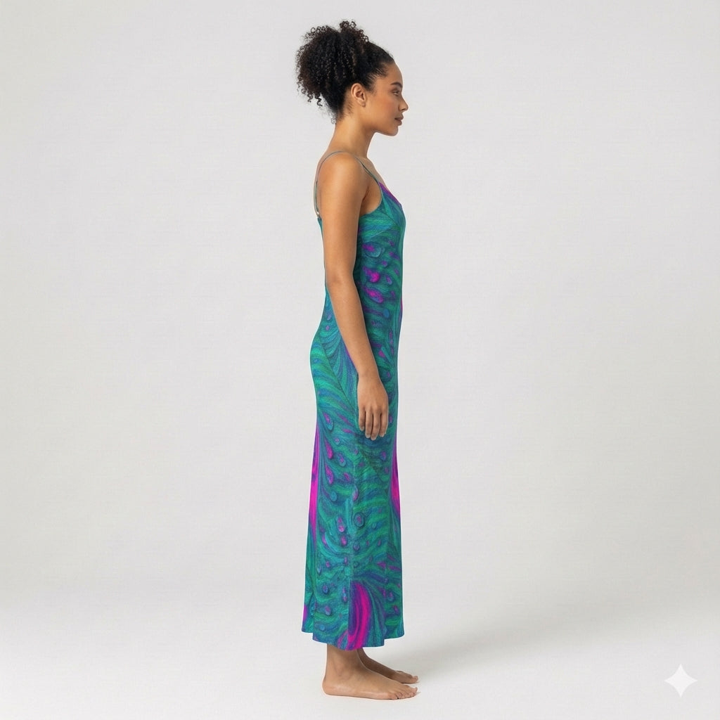 Bias Slip Dress Teal Peacock Feather