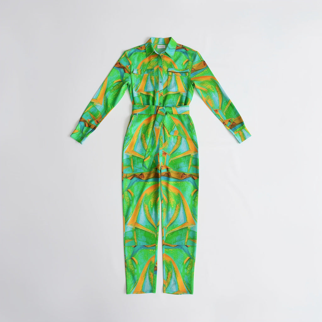 Lightweight Button Front Jumpsuit Palm Tree Island