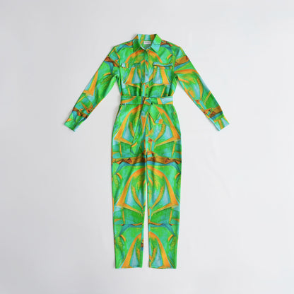 Lightweight Button Front Jumpsuit Palm Tree Island