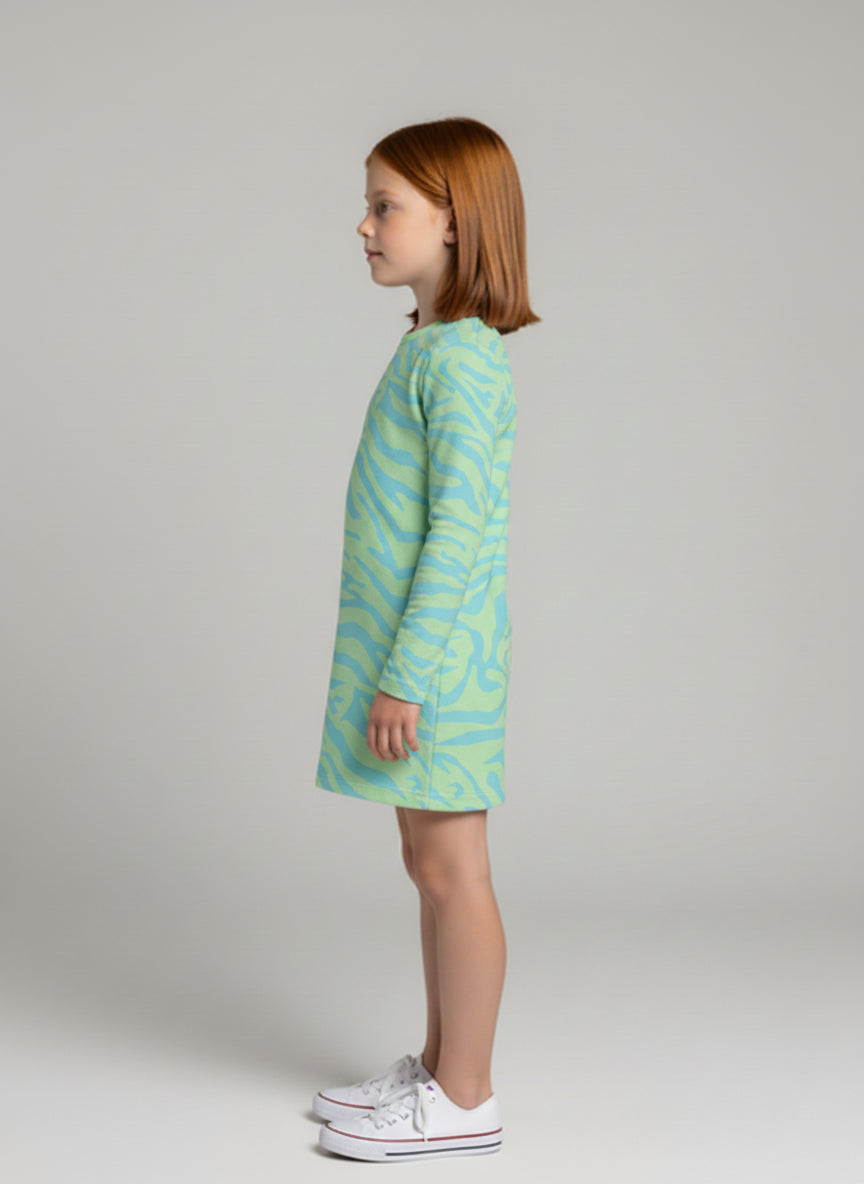 Long Sleeve T-Shirt Dress in Aqua Zebra Stripe