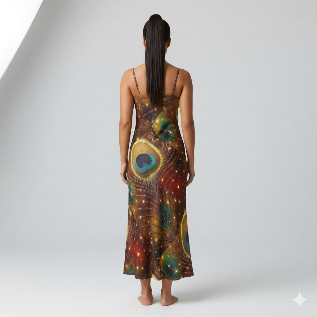 Bias Slip Dress Golden Peacock Feather