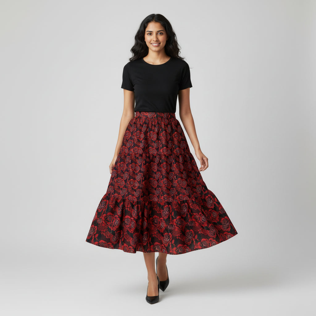 Red Rose Tiered Skirt