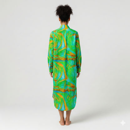 Long Sleeve Shirt Dress Palm Tree Island