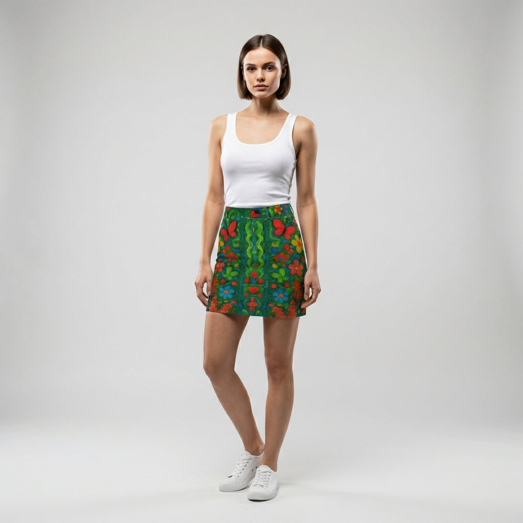 Denim Mini Skirt Butterfly Flowers
