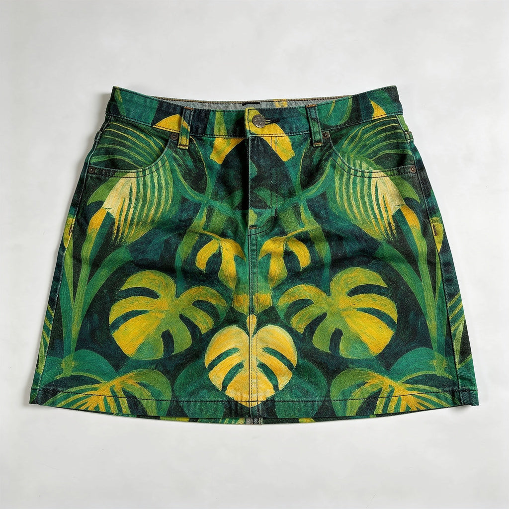 Denim Mini Skirt Green Leaves