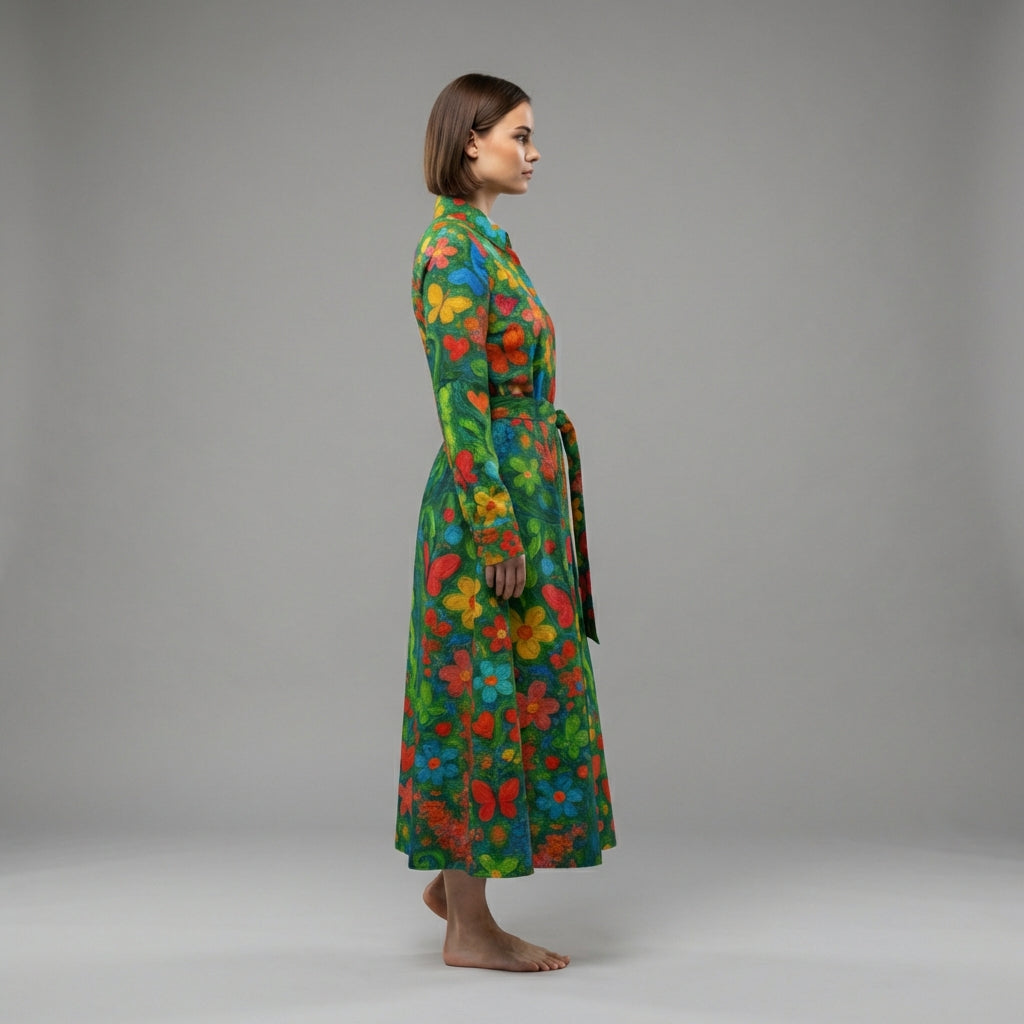 Button Front Shirt Dress Butterfly Flowers