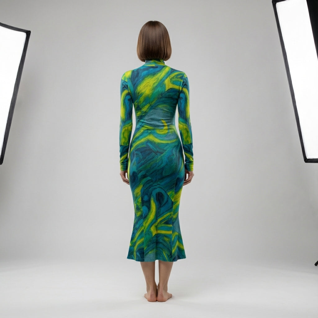 Sarong Maxi Turtleneck Body Con Dress Blue Jungle