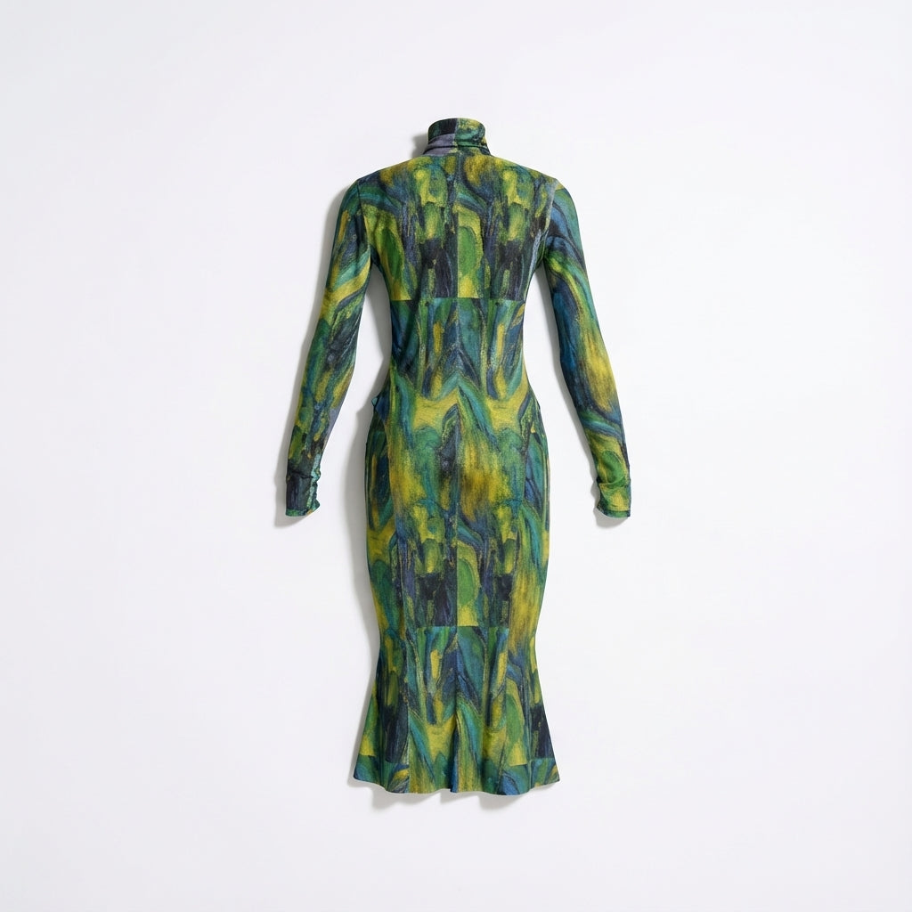 Sarong Maxi Turtleneck Body Con Dress Blue Jungle 