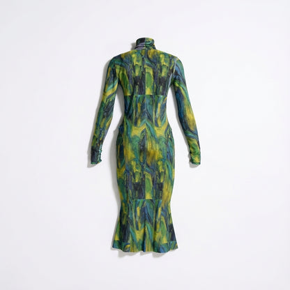 Sarong Maxi Turtleneck Body Con Dress Blue Jungle 