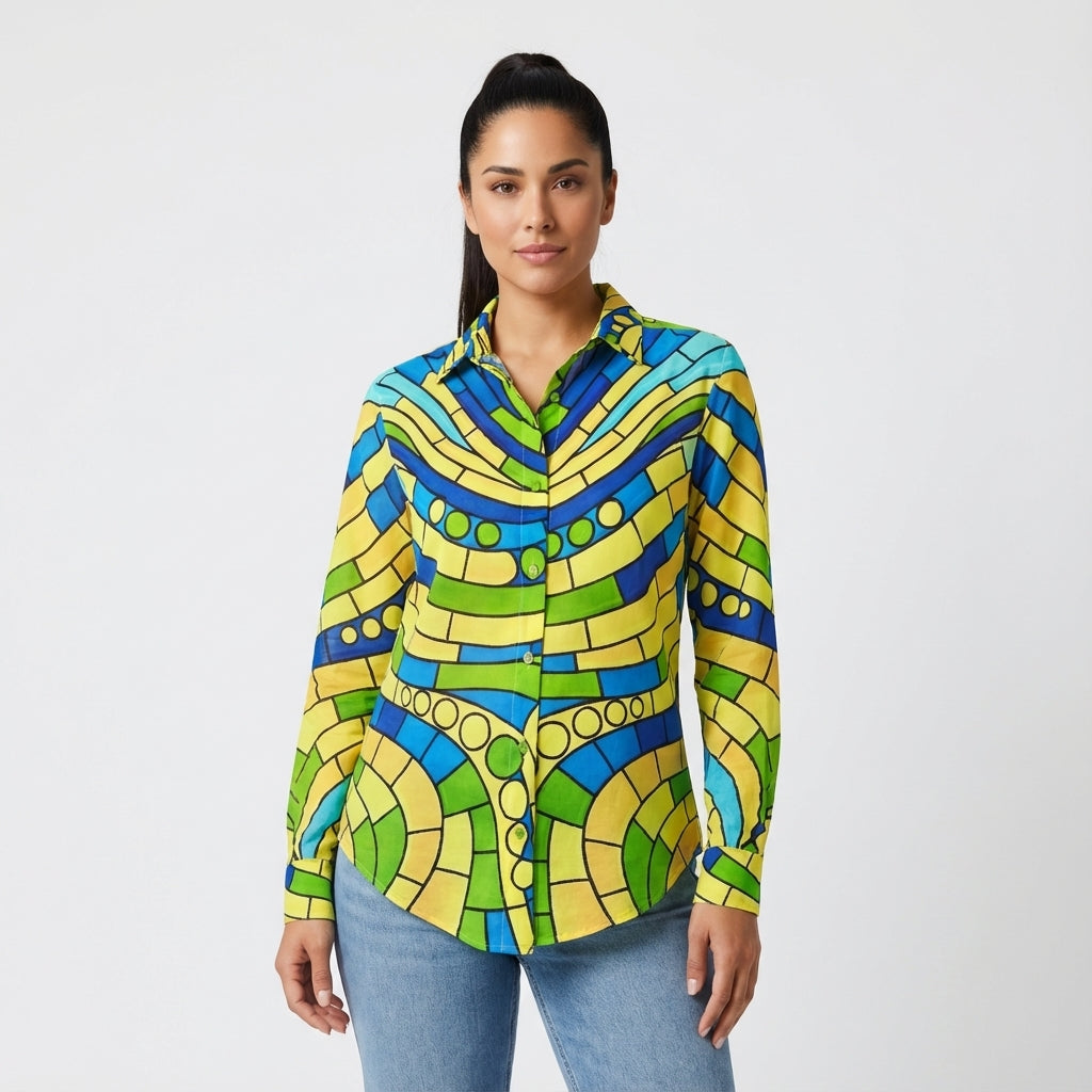 Women's Button Front Shirt Mosaic 4 – Organic Cotton Voile