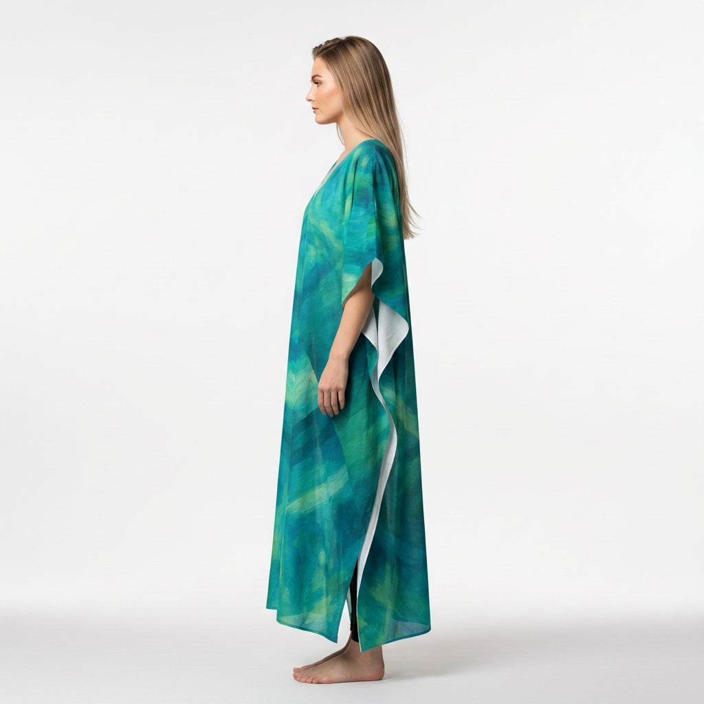 Caftan Turquoise Watercolors in Lightweight Organic Cotton Voile