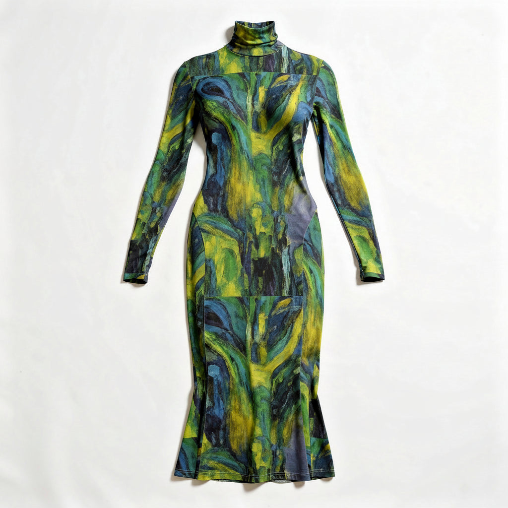 Sarong Maxi Turtleneck Body Con Dress Blue Jungle 