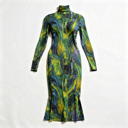 Sarong Maxi Turtleneck Body Con Dress Blue Jungle 