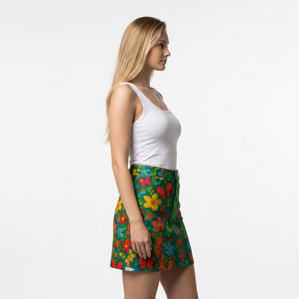 Denim Mini Skirt Butterfly Flowers