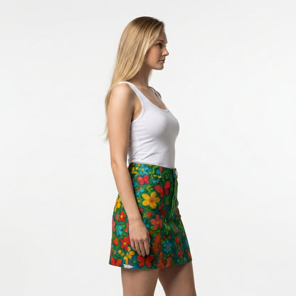 Denim Mini Skirt Butterfly Flowers