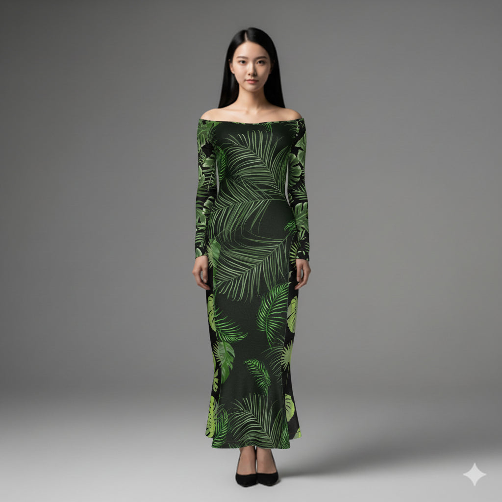 Off-Shoulder Jersey Dress with Side Contour Panels