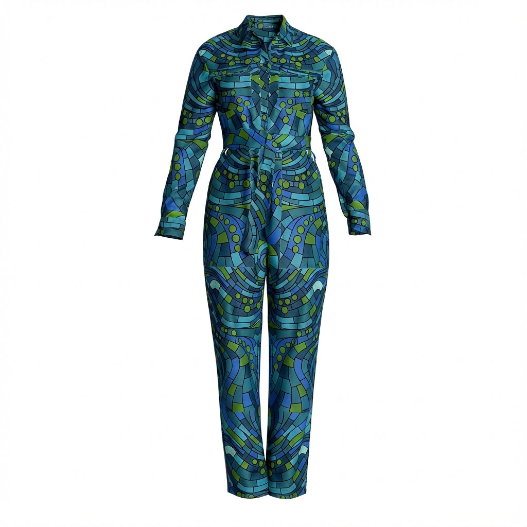 Lightweight Button Front Jumpsuit Mosaic 10