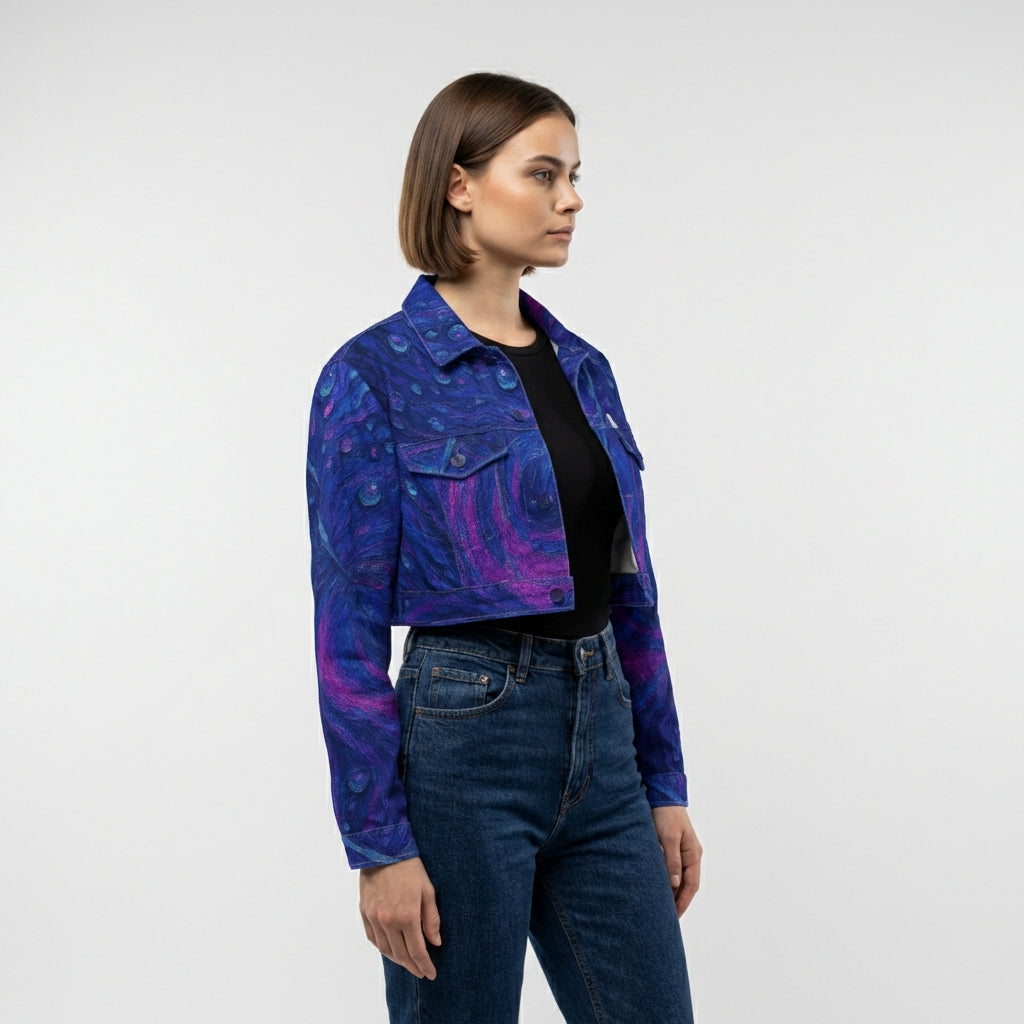 Cropped Jean Cotton Jacket Blue Peacock Feather